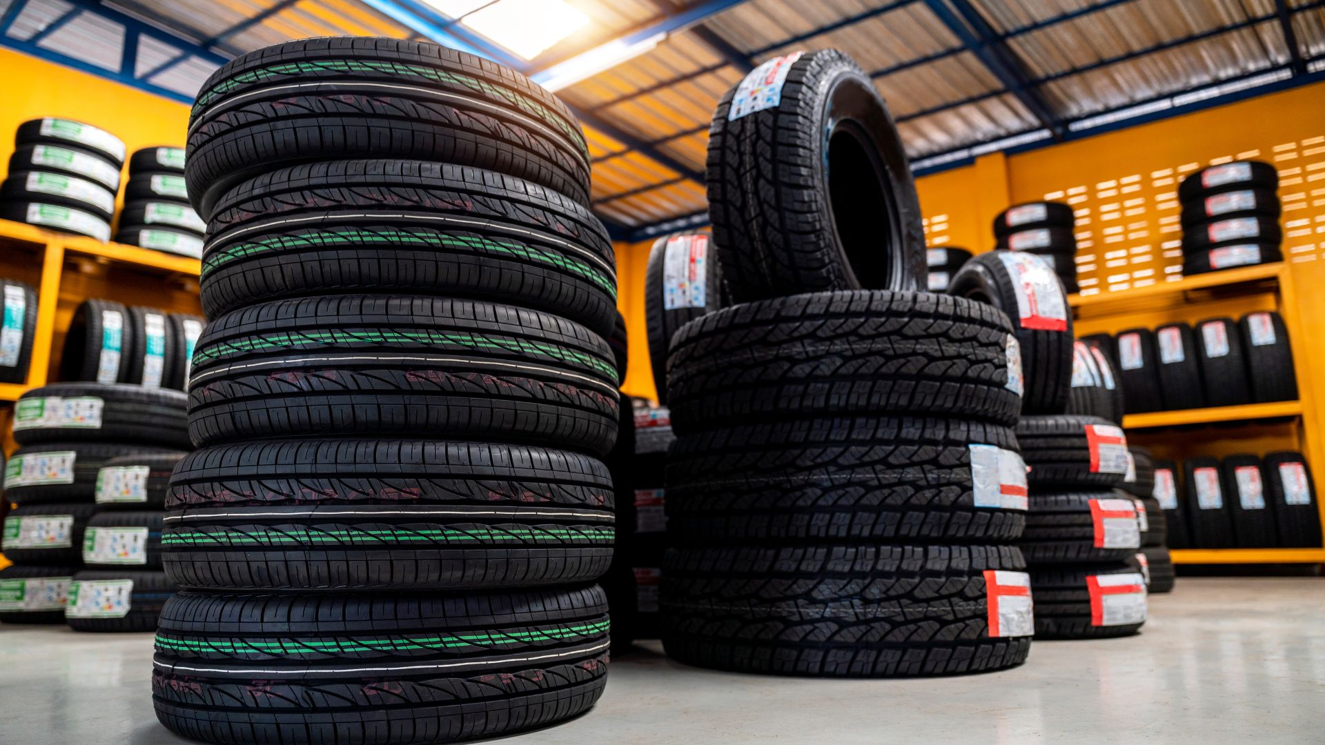 Stacks of new car tires in a tire shop warehouse
